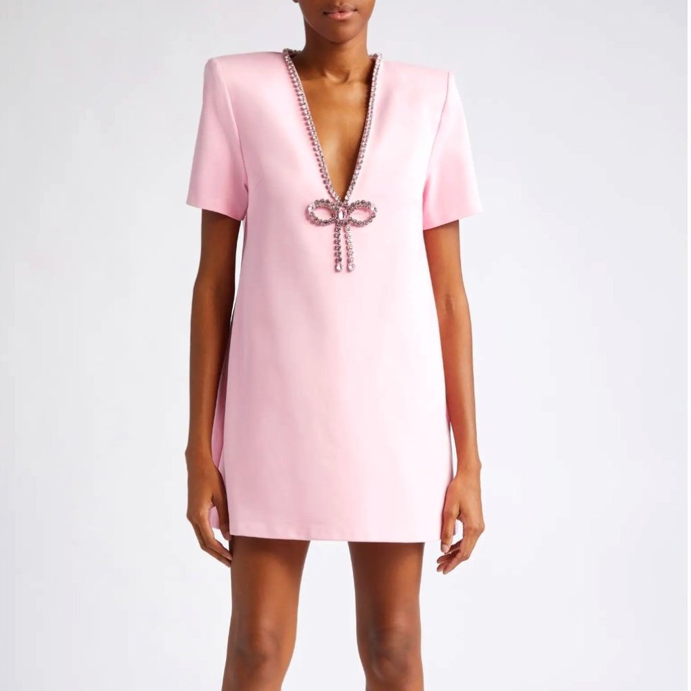 NWT AREA CRYSTAL BOW T-SHIRT DRESS IN PALE PINK SIZE M